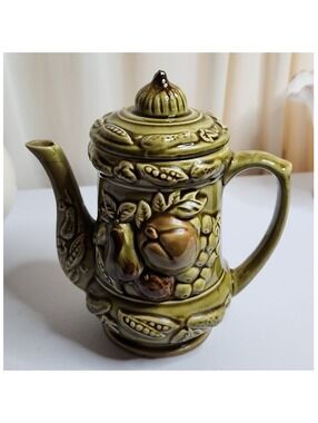 Vintage Tilso Japanese Teapot Green Ceramic Fruit Motif Made in Japan